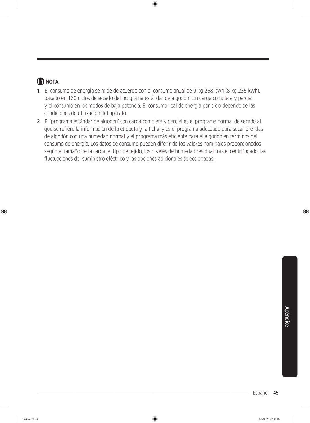 Samsung DV90M6200CW/EC, DV80M6210CW/EC manual Español 45  